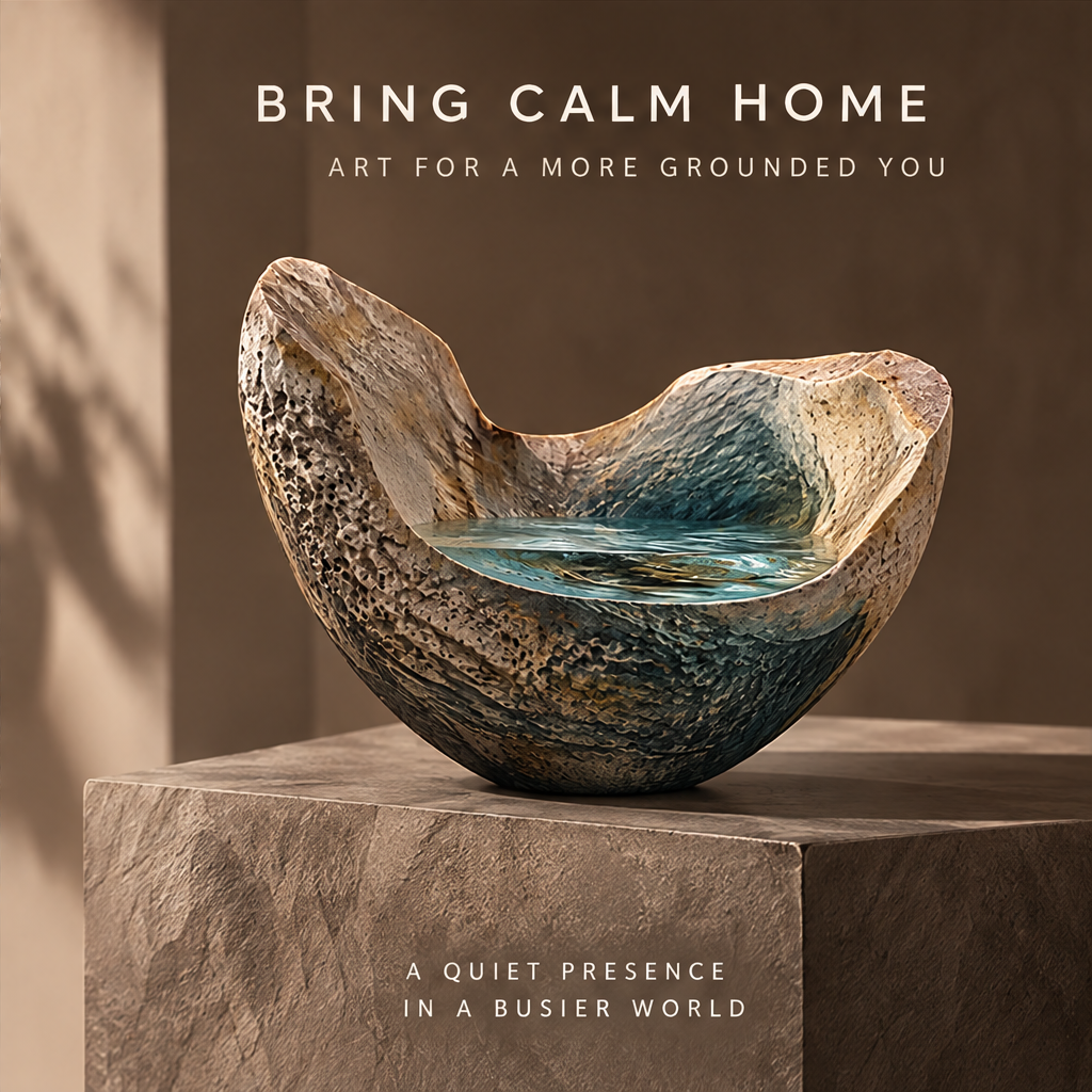 Emotional Terrain — Bring Calm Home, art for a more grounded you, a quiet presence in a busier world, stone plinth display warm scene