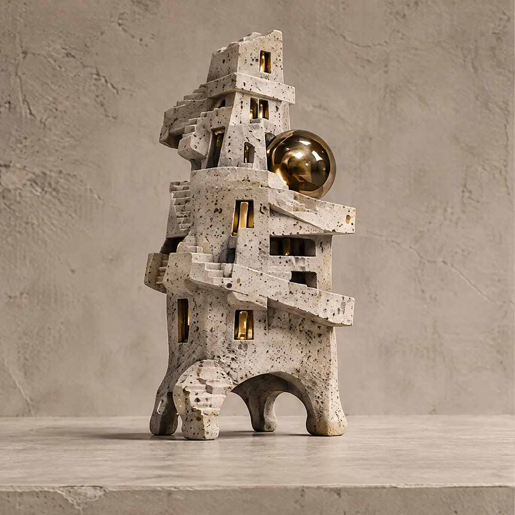 City of Silence brutalist tower sculpture with textured stone finish and gold sphere accent, front view on marble surface