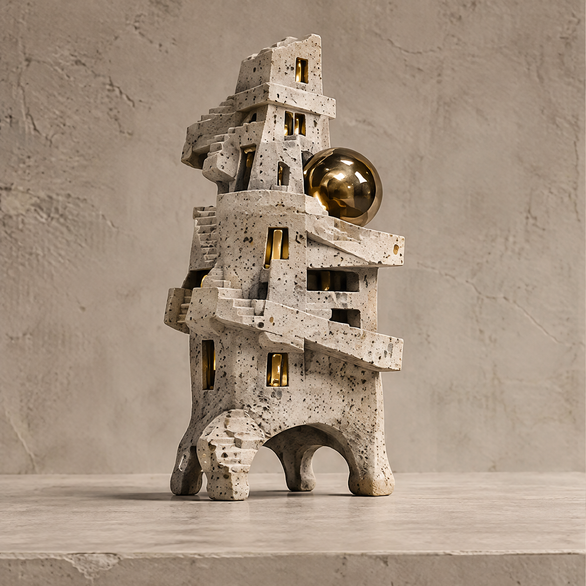 City of Silence brutalist tower sculpture with textured stone finish and gold sphere accent, front view on marble surface
