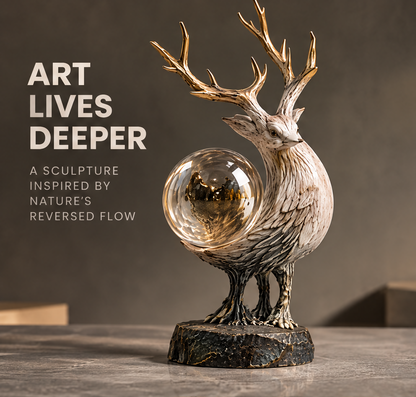 Time in Reverse mythic deer-bird crystal sphere sculpture with ivory feather texture, gold antlers and dark stone base, front view on neutral background