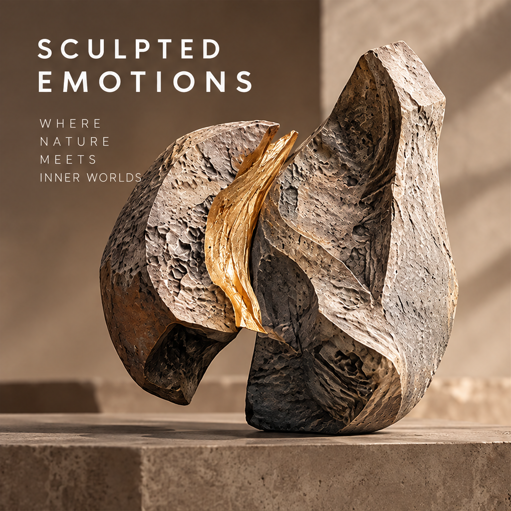 A New Perspective stone and gold abstract sculpture with two organic stone forms joined by a gold ribbon, full front view on neutral background
