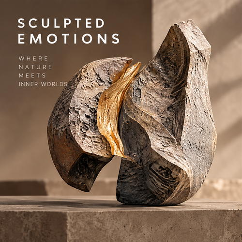 A New Perspective stone and gold abstract sculpture with two organic stone forms joined by a gold ribbon, full front view on neutral background