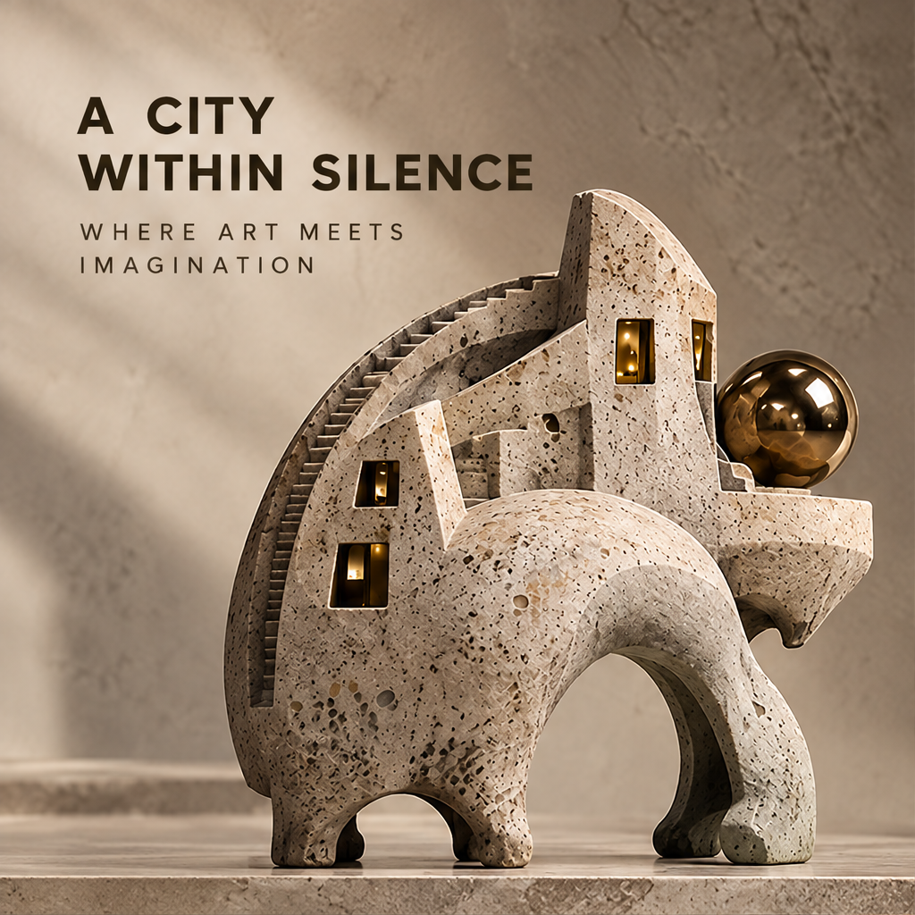 A City Within Silence brutalist spiral staircase arch sculpture with stone texture, glowing windows and gold sphere, full front view