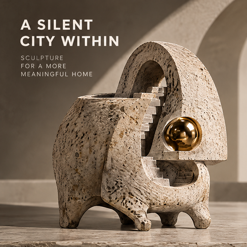 A Silent City Within brutalist round arch staircase sculpture with stone texture and gold sphere, front view on neutral background