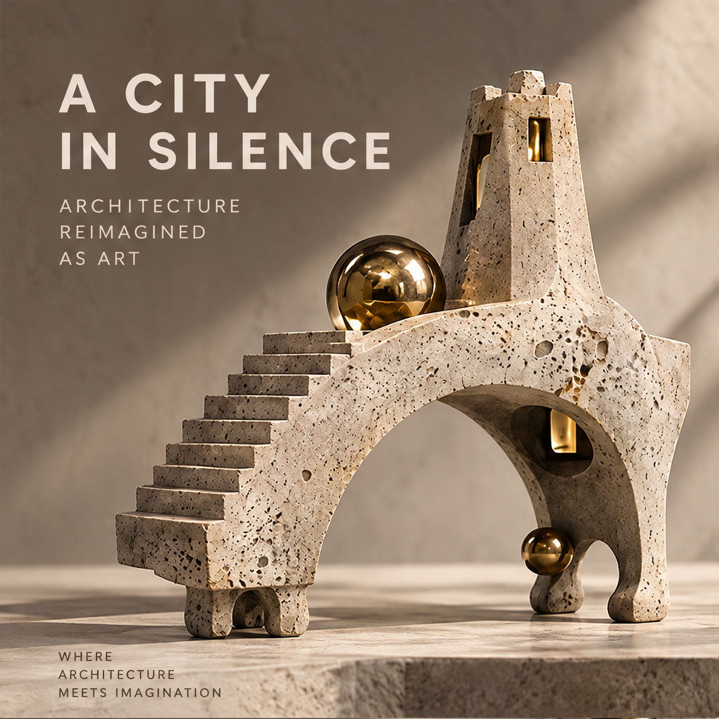 City in Silence brutalist arch and tower sculpture with textured stone finish and gold sphere, front view on marble surface