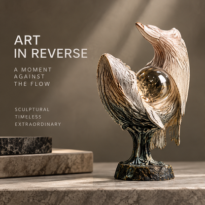 Art in Reverse mythic wingspan crystal sphere sculpture with ivory feather texture and dark bronzed base, full front view on neutral background