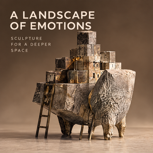 A Landscape of Emotions city on the beast sculpture with stone animal body and tiered metal city, full front view on neutral background