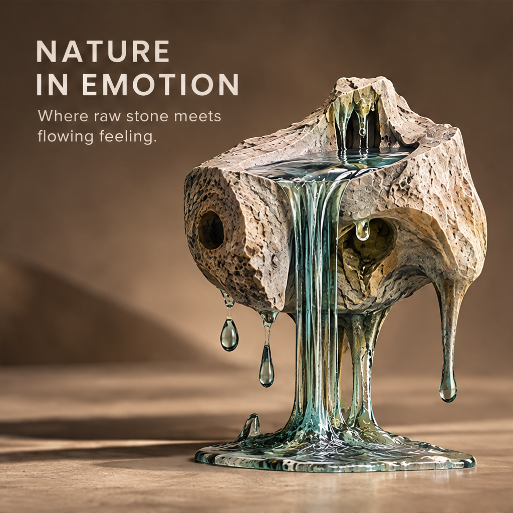 Nature in Emotion melting stone surrealist sculpture with pitted rock body and glass-clear liquid flowing base, full front view on neutral background