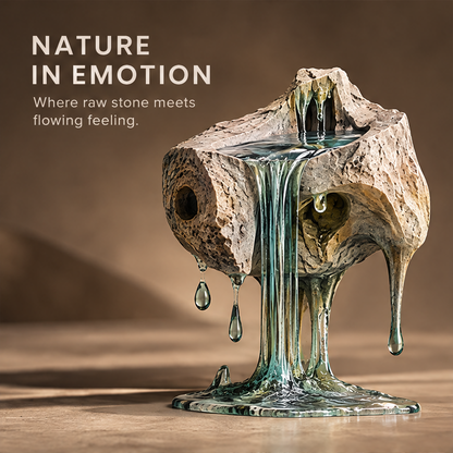 Nature in Emotion melting stone surrealist sculpture with pitted rock body and glass-clear liquid flowing base, full front view on neutral background