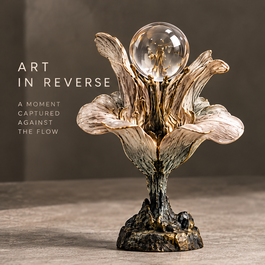 Art in Reverse bloom crystal sphere flower sculpture with ivory petals, gold stamen and dark bronzed root base, full front view on neutral background