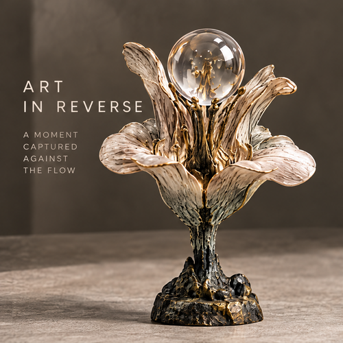 Art in Reverse bloom crystal sphere flower sculpture with ivory petals, gold stamen and dark bronzed root base, full front view on neutral background
