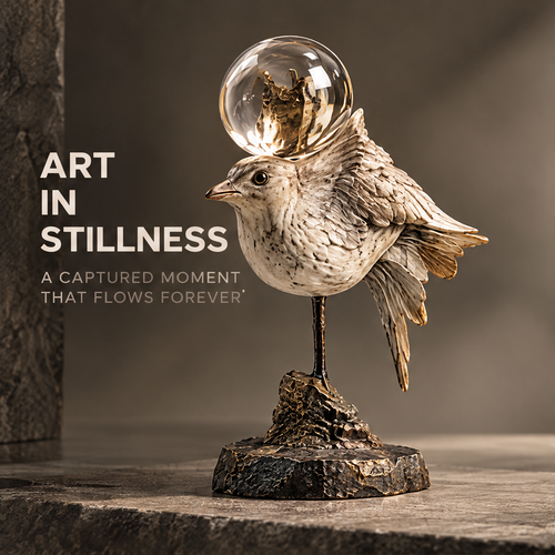 Art in Stillness perched bird crystal crown sculpture with ivory feather detail, bronzed leg and dark stone base, full view on neutral background