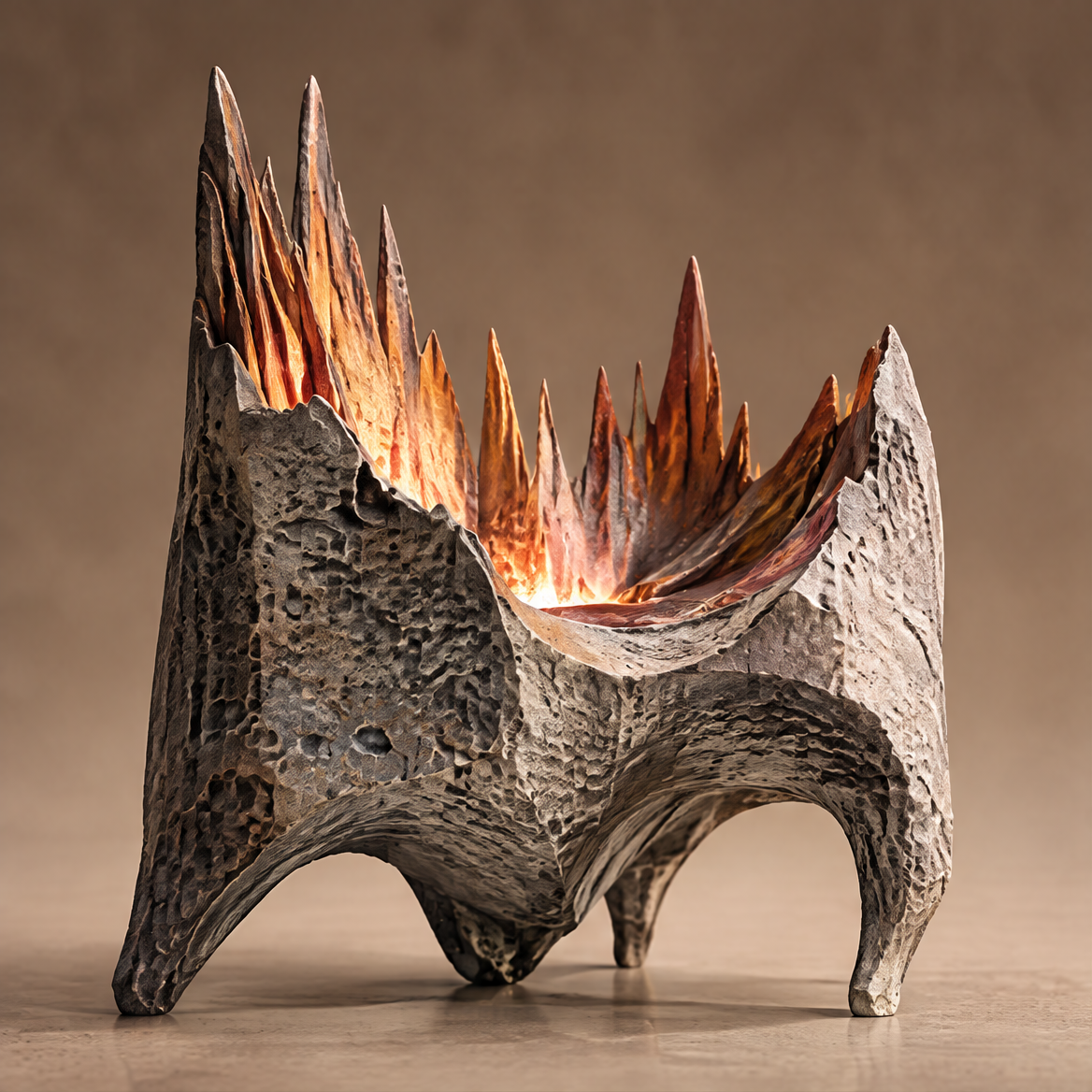Emotional Landscape volcanic fire brutalist sculpture with pitted stone exterior and glowing amber interior spires, front view on warm background