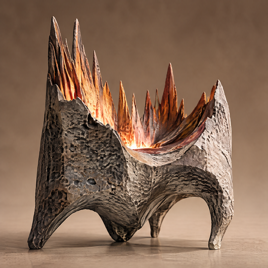 Emotional Landscape volcanic fire brutalist sculpture with pitted stone exterior and glowing amber interior spires, front view on warm background