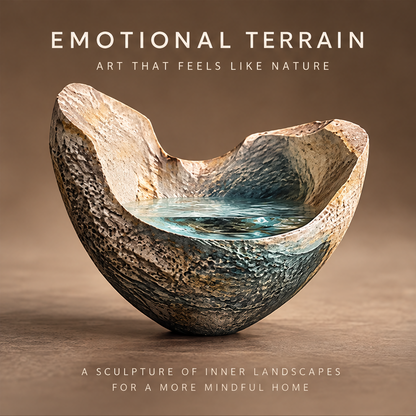 Emotional Terrain — Emotional Terrain, art that feels like nature, a sculpture of inner landscapes for a more mindful home, warm neutral background full view