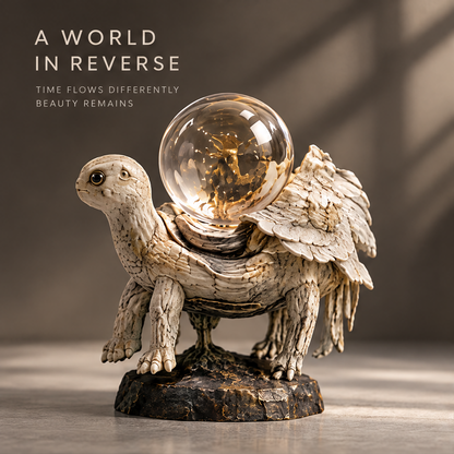 A World in Reverse winged tortoise crystal sphere sculpture with ivory feather wings, textured shell and dark bronzed base, full front view on neutral background