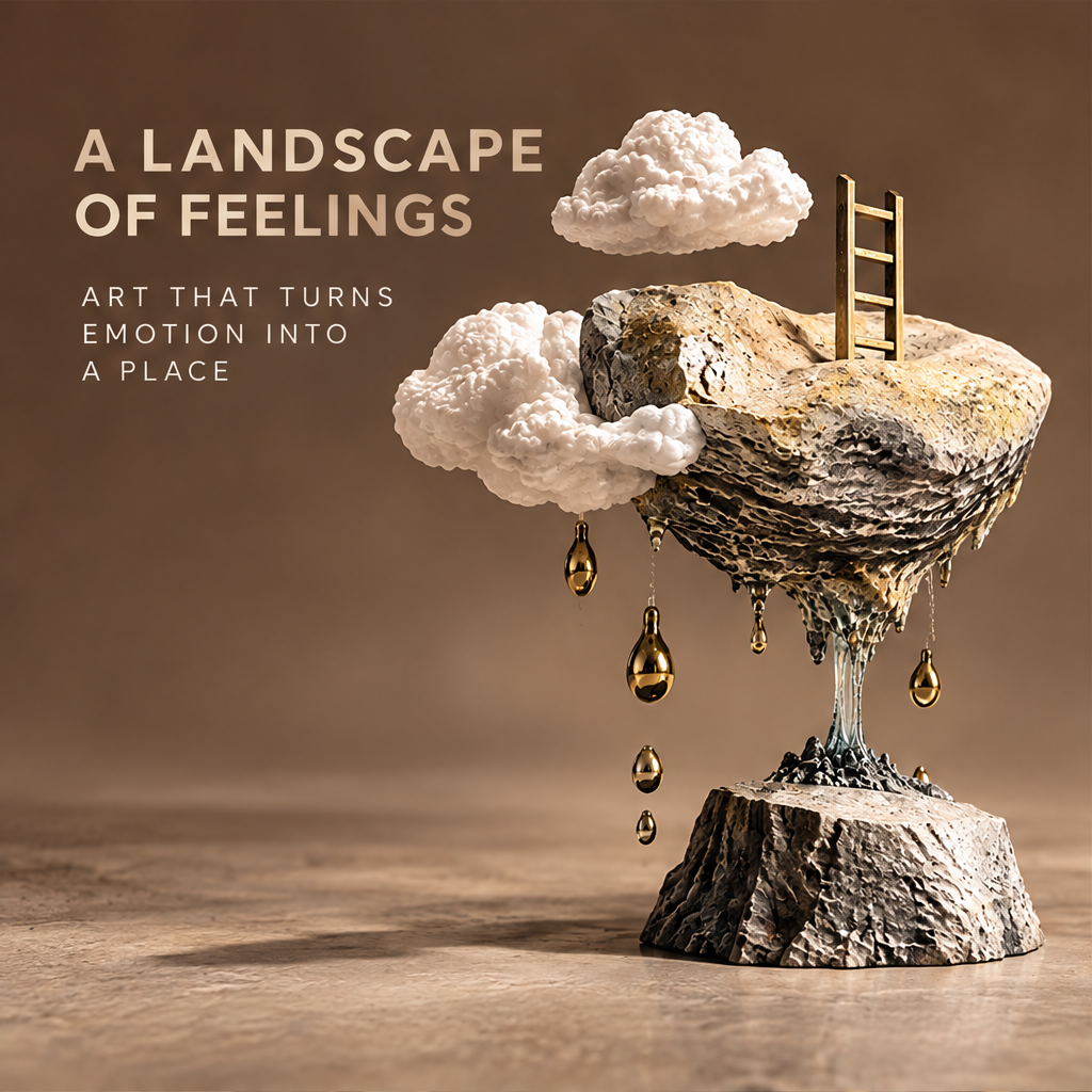 A Landscape of Feelings — Sculpted Emotions, a distinctive presence for refined spaces, warm light side angle scene