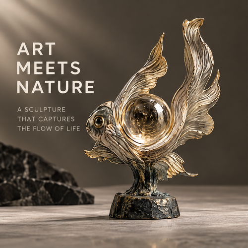 Art Meets Nature golden fish crystal sphere sculpture with flowing silver-gold fins and dark bronzed base, full front view on neutral background