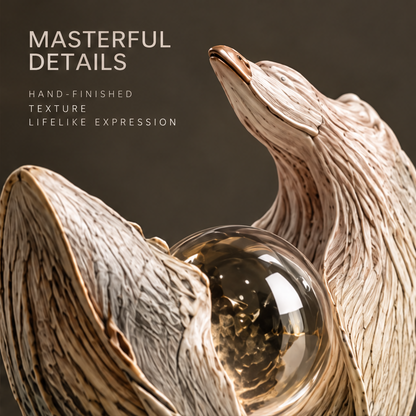 Close-up detail of wingspan feather texture and crystal sphere — Masterful Details, hand-finished texture, lifelike expression