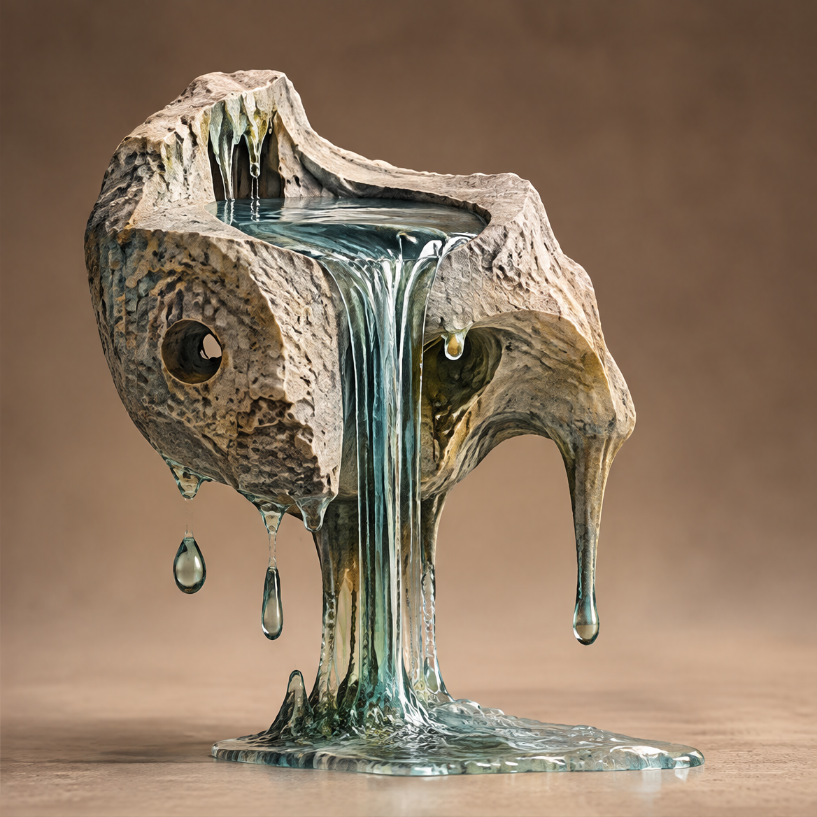 Close-up detail of rock-to-glass transition and suspended droplets — Details That Feel, crafted textures living movement
