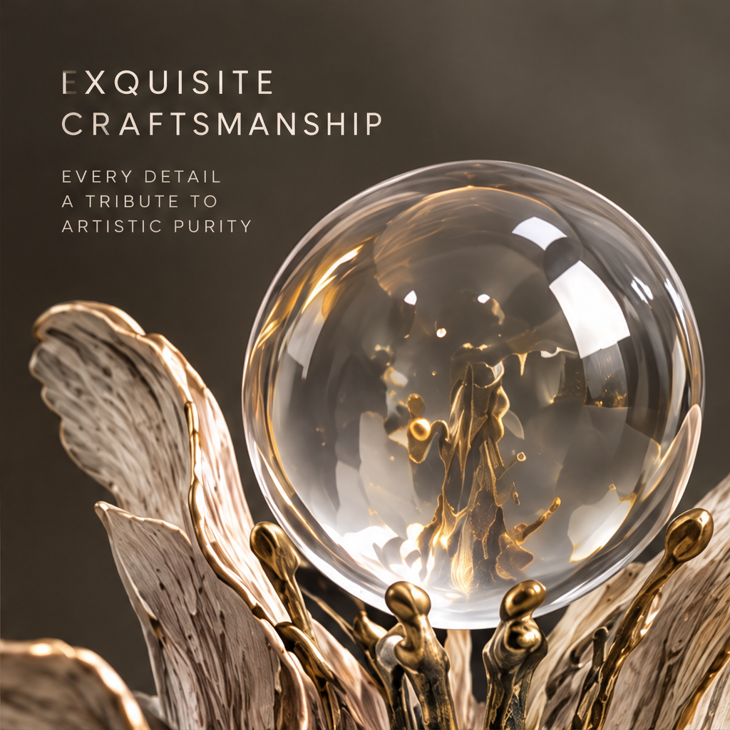 Close-up detail of gold stamen and crystal sphere — Exquisite Craftsmanship, every detail a tribute to artistic purity