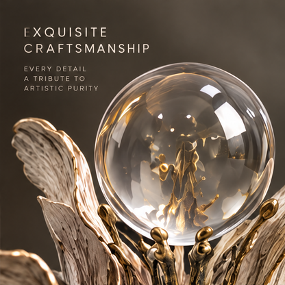 Close-up detail of gold stamen and crystal sphere — Exquisite Craftsmanship, every detail a tribute to artistic purity