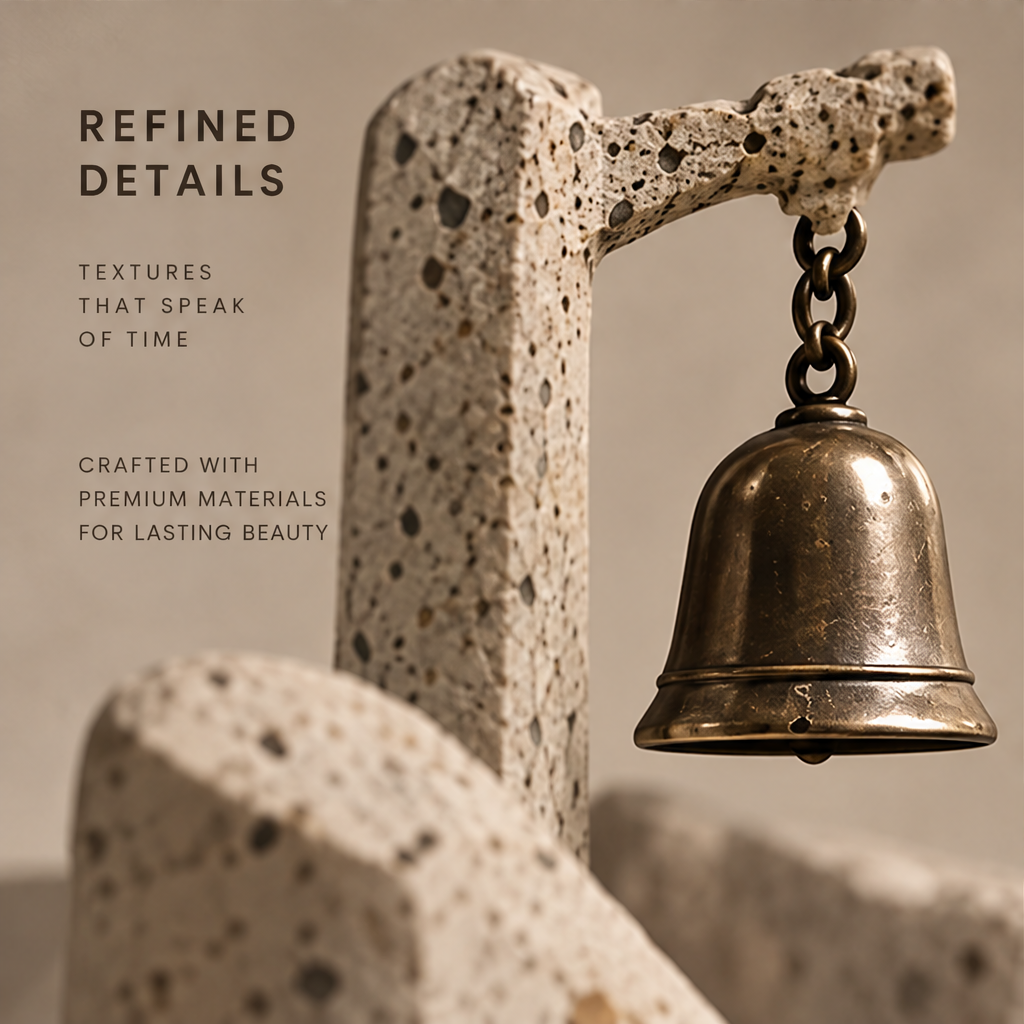 Close-up detail of bronze hanging bell on stone tower — Refined Details, textures that speak of time