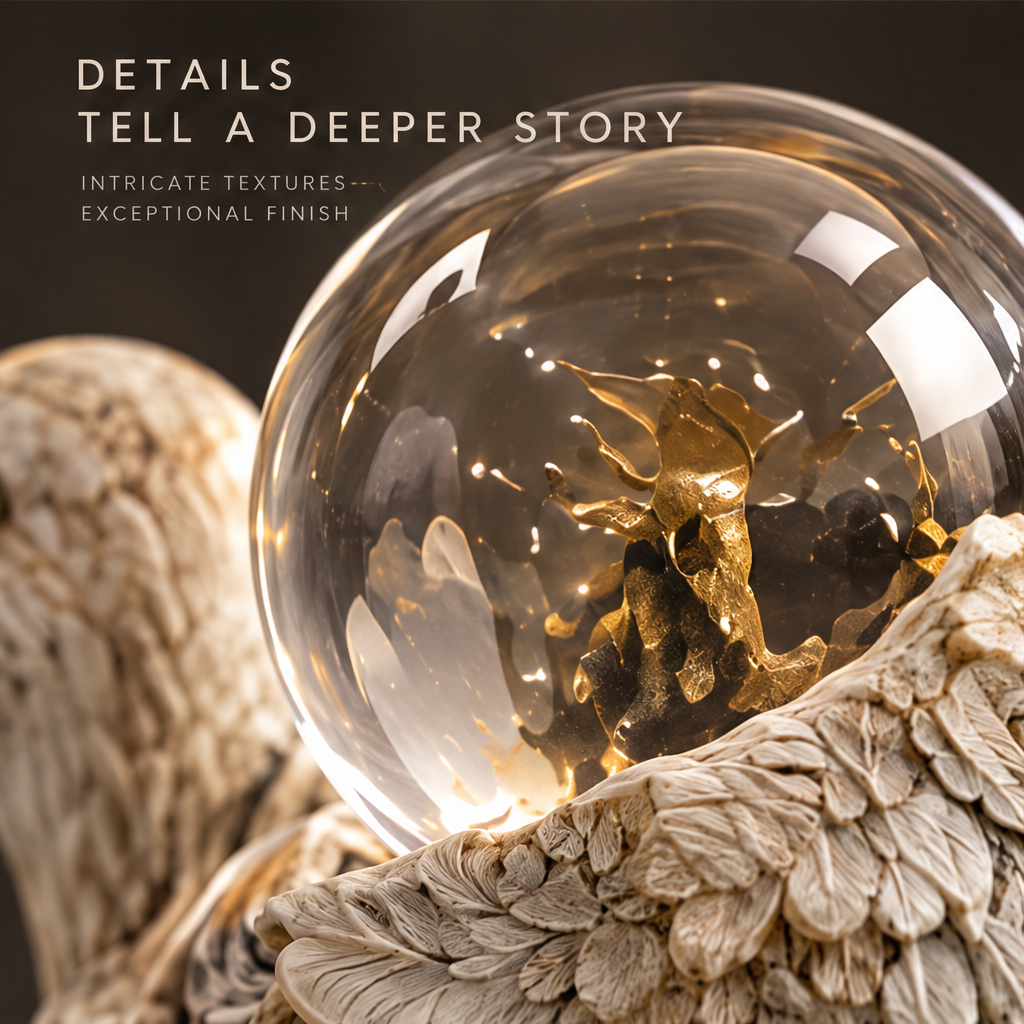 Close-up detail of crystal sphere with golden branching interior — Details Tell a Deeper Story, intricate textures exceptional finish