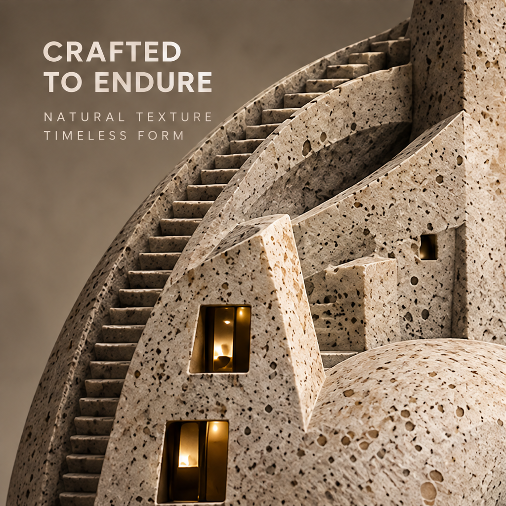 Close-up detail of spiral staircase and carved windows — Crafted to Endure, natural texture, timeless form