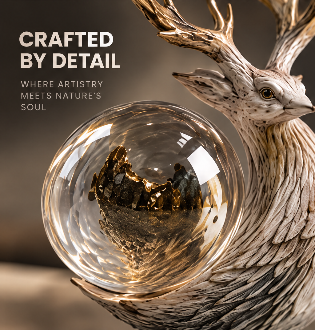 Close-up detail of crystal sphere with golden interior swirl — Crafted by Detail, where artistry meets nature’s soul