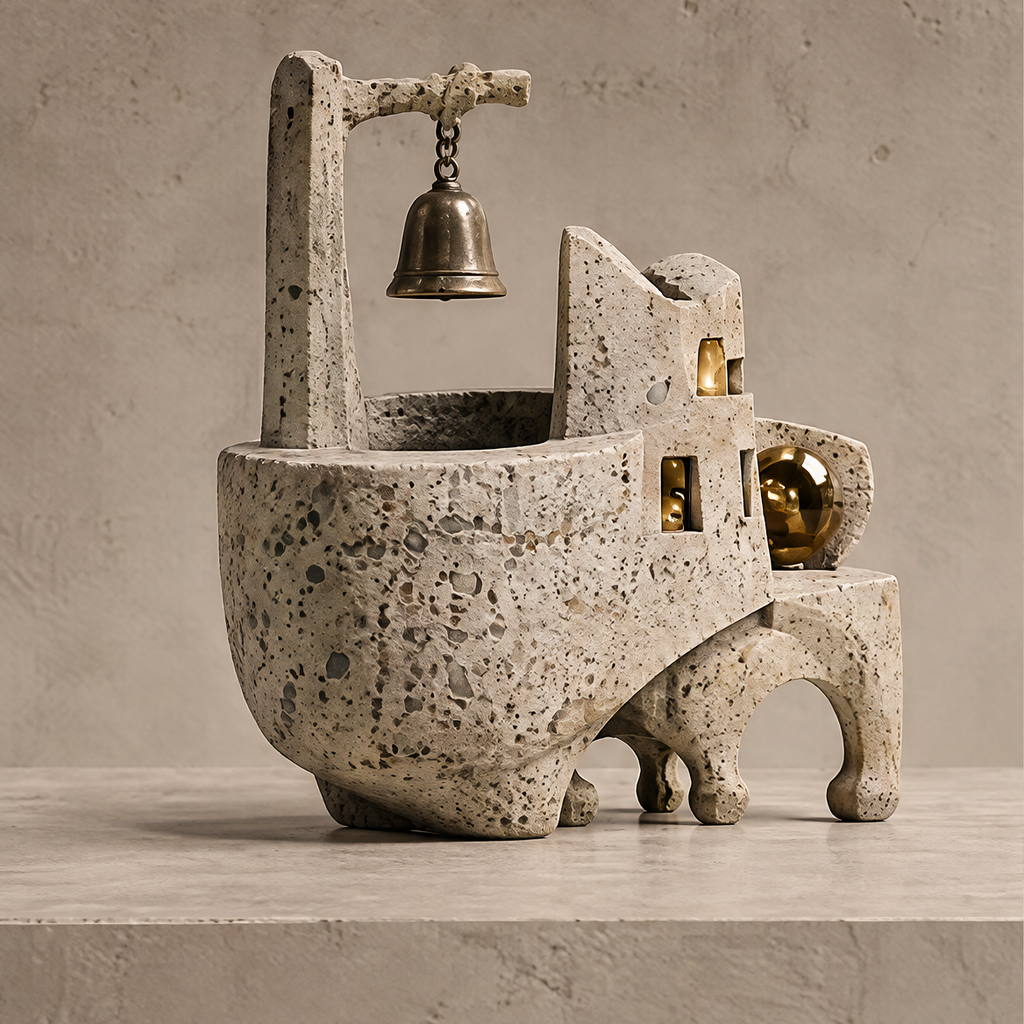 City of Silence bell tower vessel sculpture with textured stone finish, bronze hanging bell and gold sphere, front view