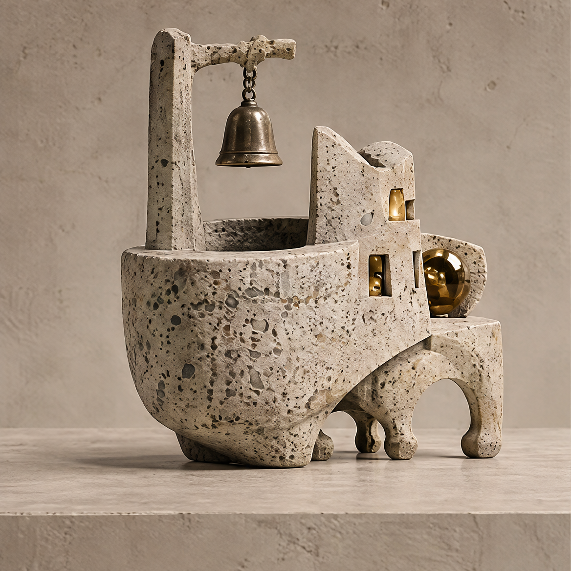 City of Silence bell tower vessel sculpture with textured stone finish, bronze hanging bell and gold sphere, front view