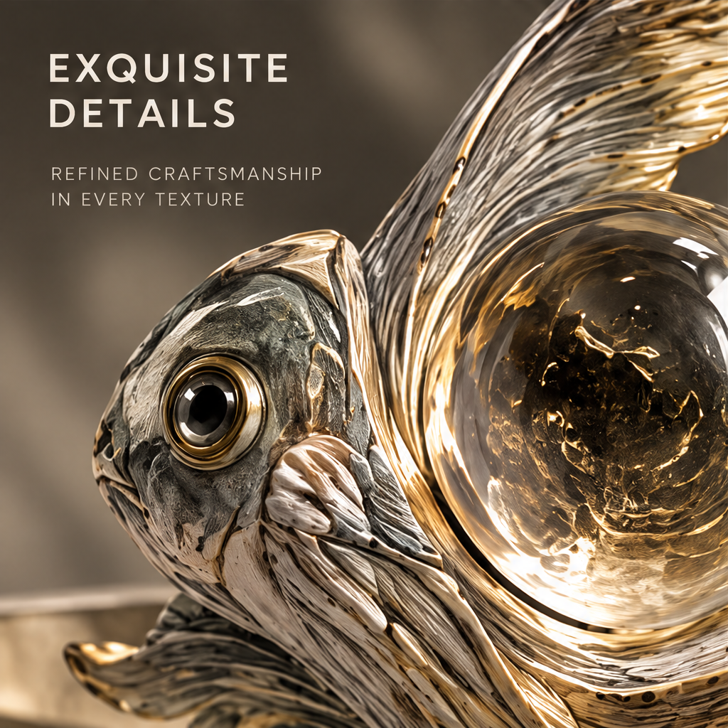 Close-up detail of fish face and crystal sphere — Exquisite Details, refined craftsmanship in every texture