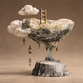 A Landscape of Feelings floating island surrealist sculpture with stone body, white clouds, gold ladder and suspended gold droplets, full front view on neutral background