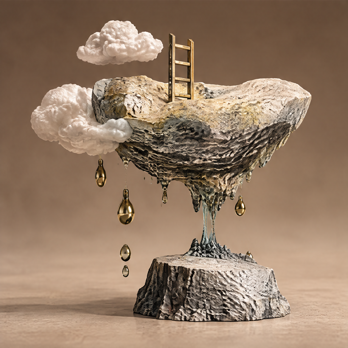 A Landscape of Feelings floating island surrealist sculpture with stone body, white clouds, gold ladder and suspended gold droplets, full front view on neutral background