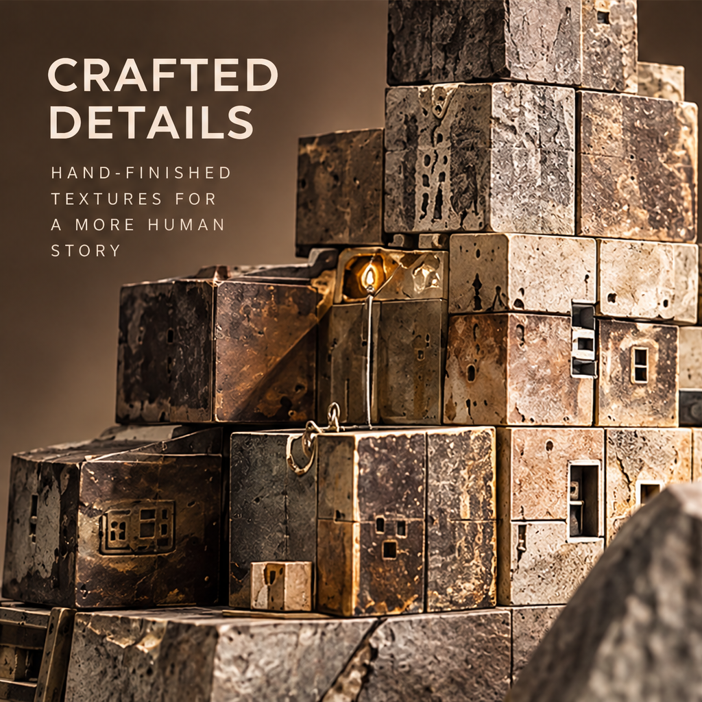 Close-up detail of hand-finished metal city blocks with miniature doors, windows and gold flame — Crafted Details, hand-finished textures for a more human story