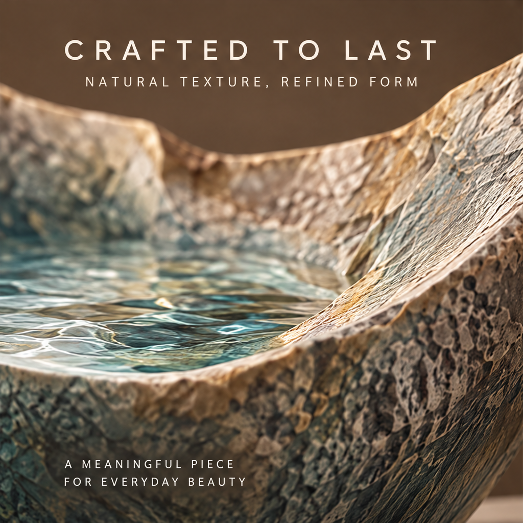 Close-up detail of stone rim and blue-green resin ocean interior — Crafted to Last, natural texture refined form, a meaningful piece for everyday beauty