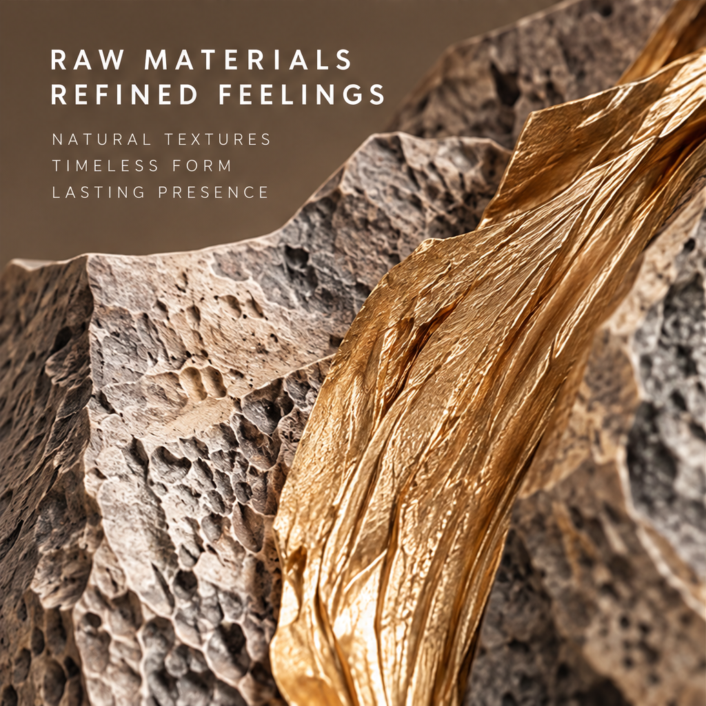 Close-up detail of pitted stone surface and flowing gold ribbon — Raw Materials Refined Feelings, natural textures timeless form lasting presence