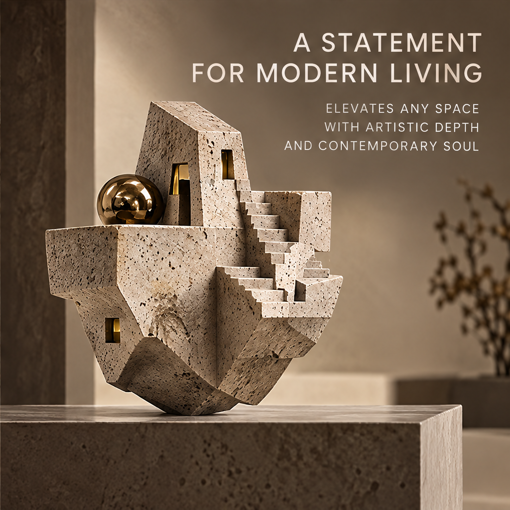 Close-up detail of brutalist staircase and gold sphere — Exceptional Craftsmanship, natural texture, timeless form, lasting presence