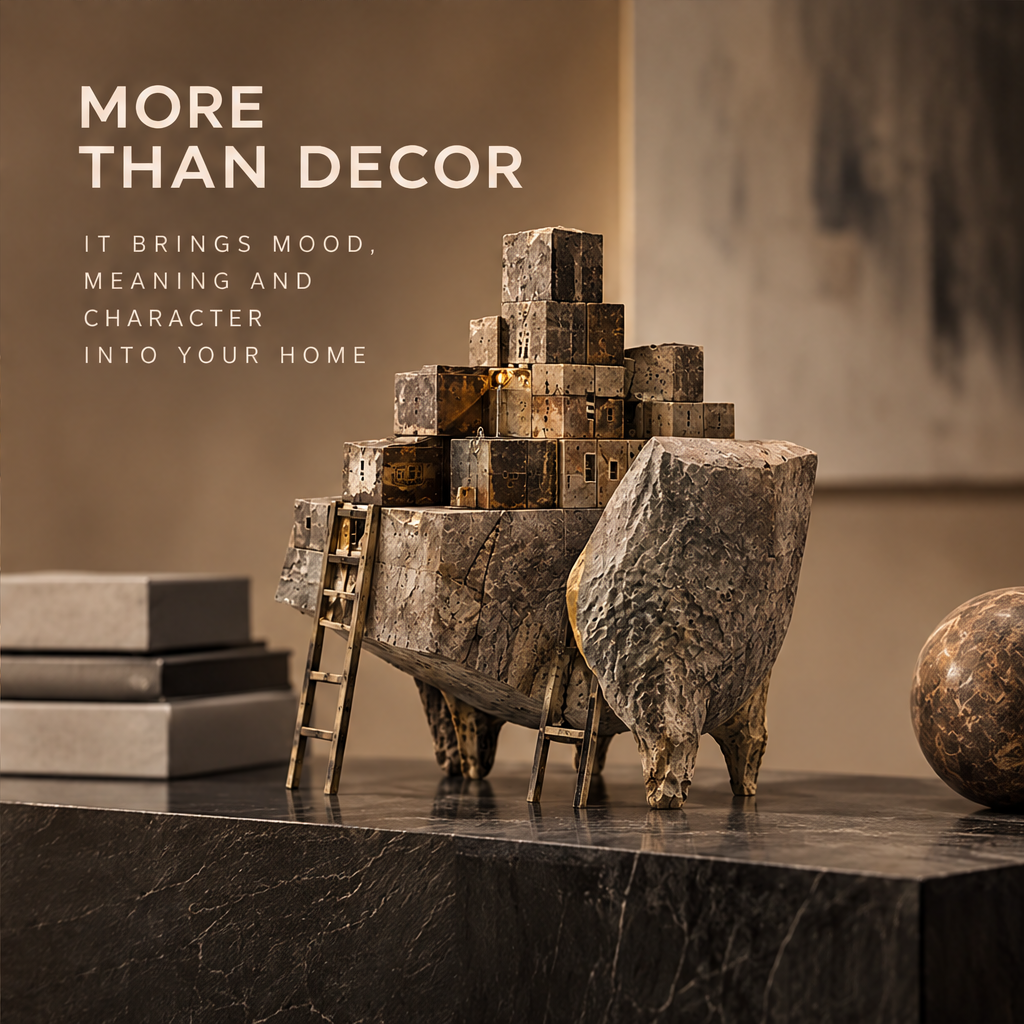 A Landscape of Emotions — More Than Decor, it brings mood meaning and character into your home, warm interior scene with stone sphere and books