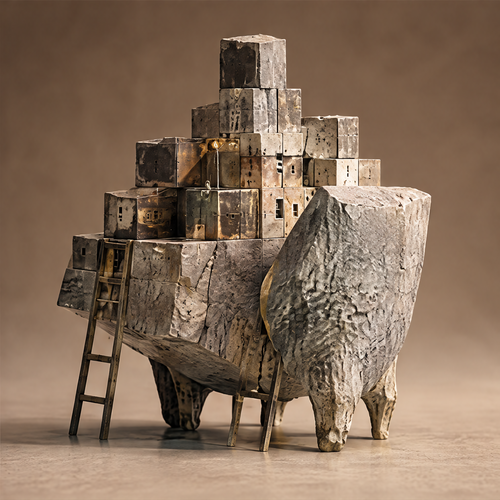 A Landscape of Emotions — A Landscape of Emotions, sculpture for a deeper space, warm neutral background full side angle view