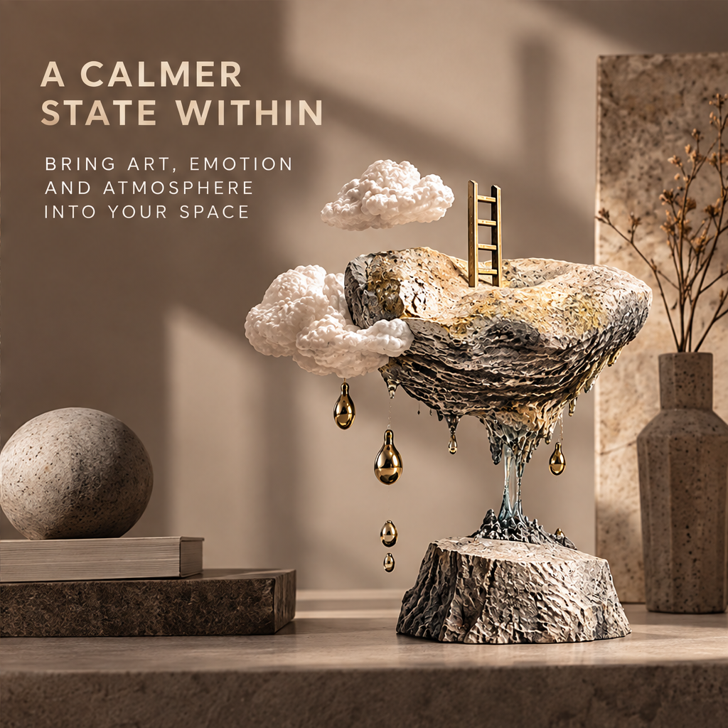 A Landscape of Feelings — A Calmer State Within, bring art emotion and atmosphere into your space, warm shelf interior scene with vase