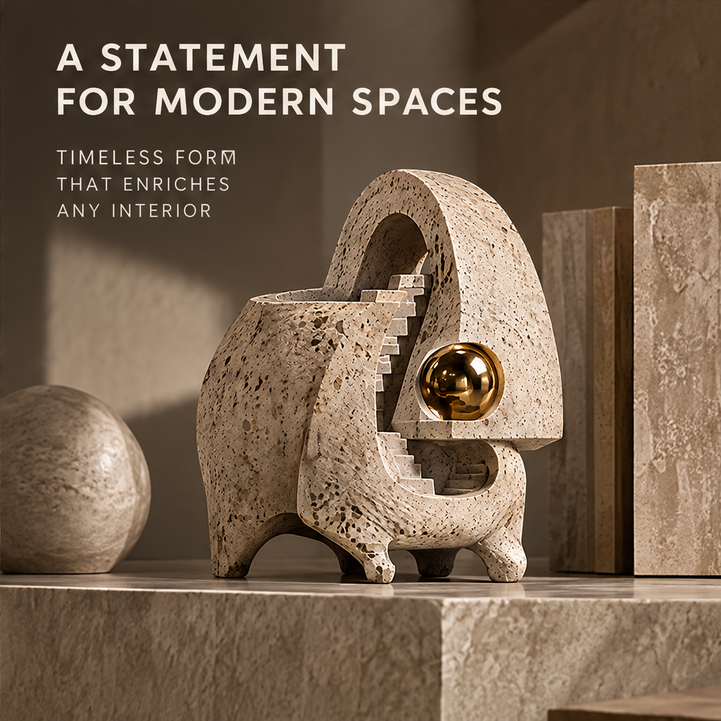 Close-up detail of round arch staircase and gold sphere — Art in Every Detail, a harmony of natural texture and contemporary form