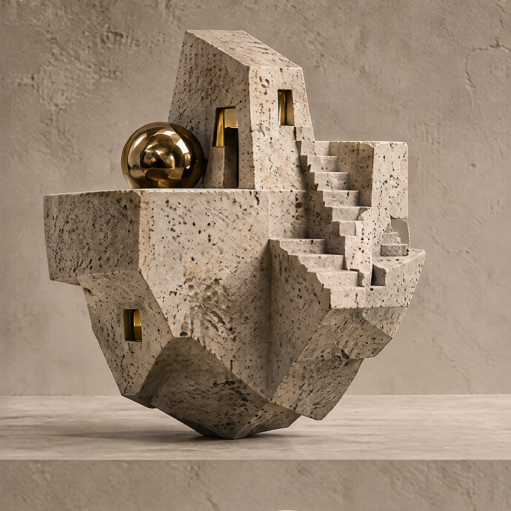 A Quiet City Within brutalist rock staircase sculpture with stone texture and gold sphere, full front view on neutral background