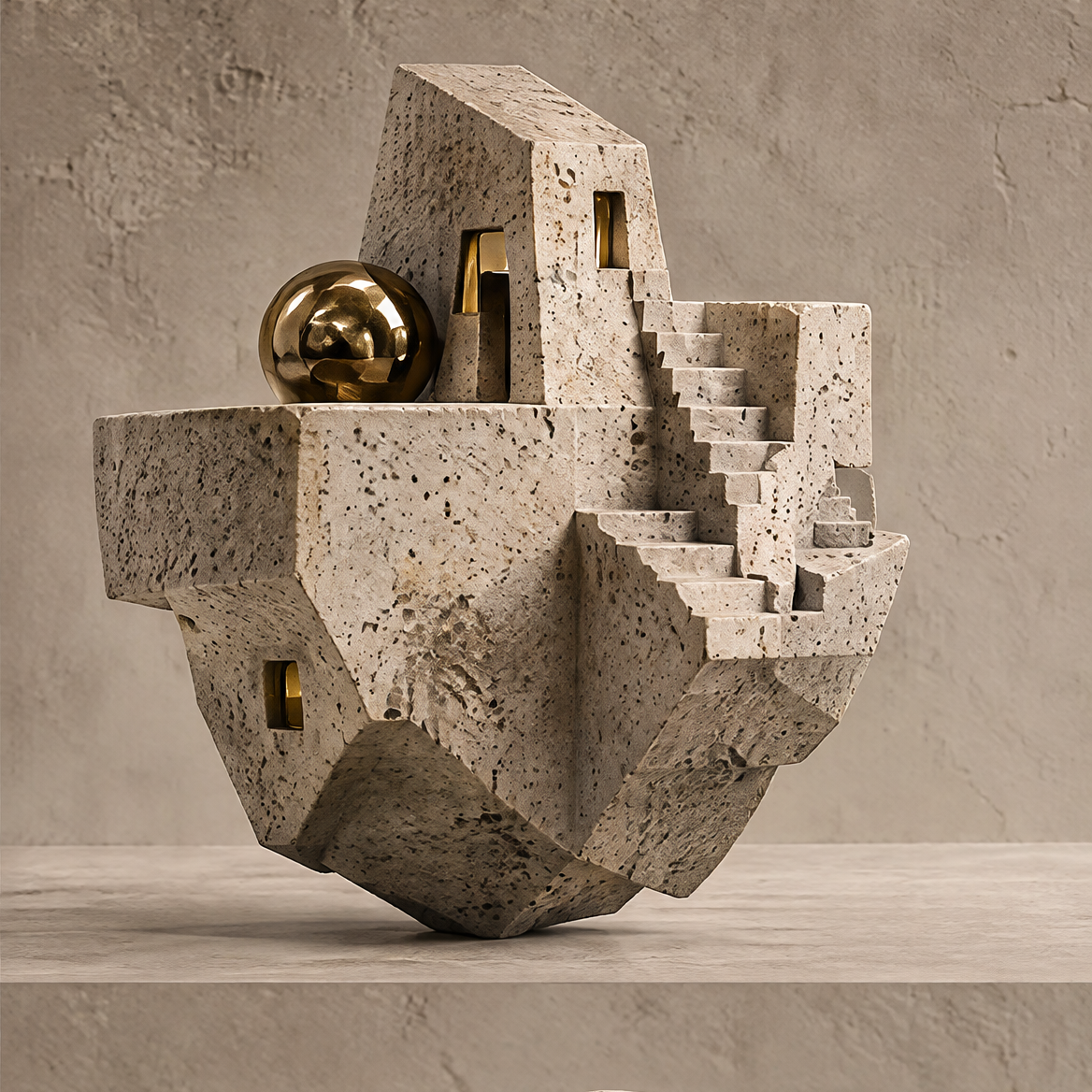 A Quiet City Within brutalist rock staircase sculpture with stone texture and gold sphere, full front view on neutral background