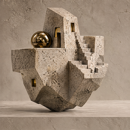 A Quiet City Within brutalist rock staircase sculpture with stone texture and gold sphere, full front view on neutral background