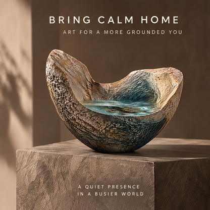 Emotional Terrain — Bring Calm Home, art for a more grounded you, a quiet presence in a busier world, stone plinth display warm scene