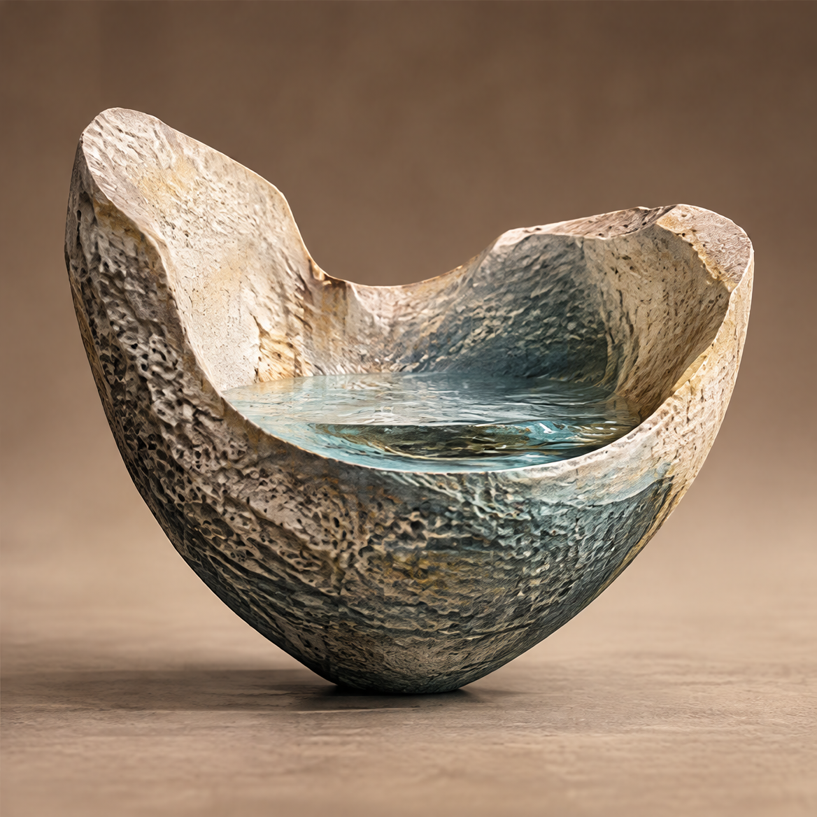Emotional Terrain stone ocean sculptural bowl with pitted rock exterior and still blue-green resin interior, full front 45-degree view on neutral background