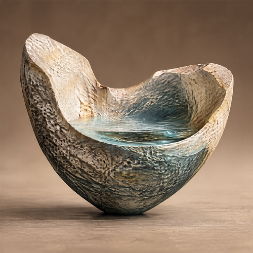 Emotional Terrain stone ocean sculptural bowl with pitted rock exterior and still blue-green resin interior, full front 45-degree view on neutral background